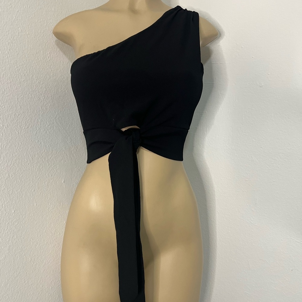 MEEK Black One Shoulder Tie Front Crop Top Size Small
